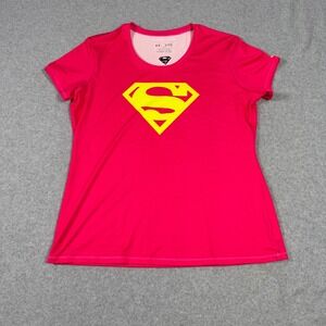 Under Armour HeatGear Superman Pink Fitted Athletic T-Shirt Womens XL Barbiecore